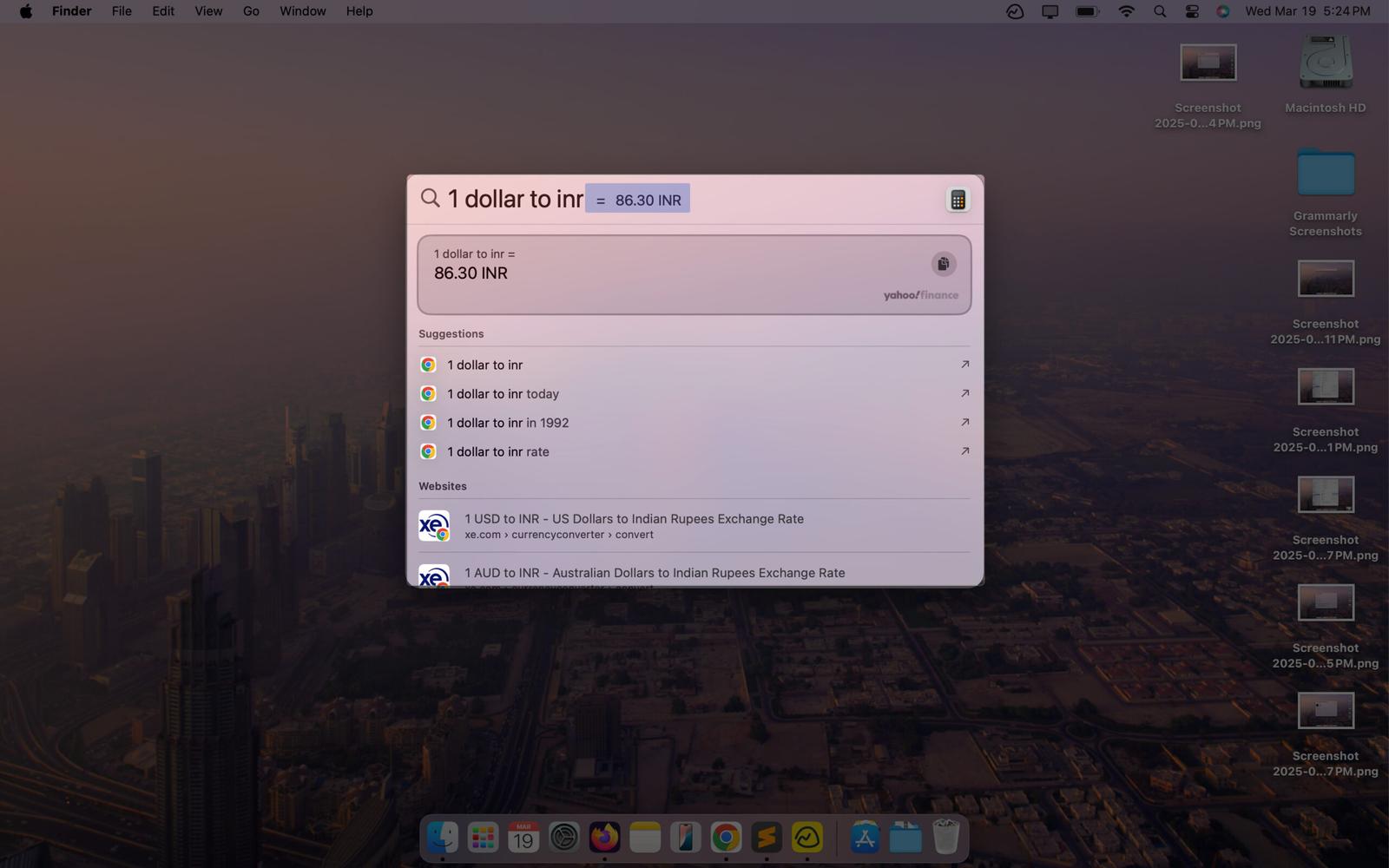 Performing calculations in Spotlight Search on a Mac.