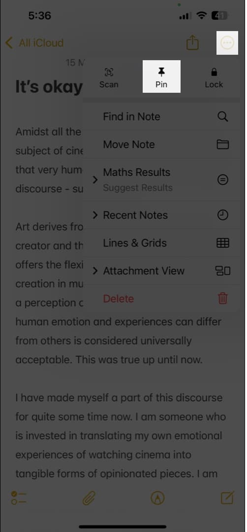 Using the Pin option in the three-dot menu in the Apple Notes app on an iPhone to pin a note.