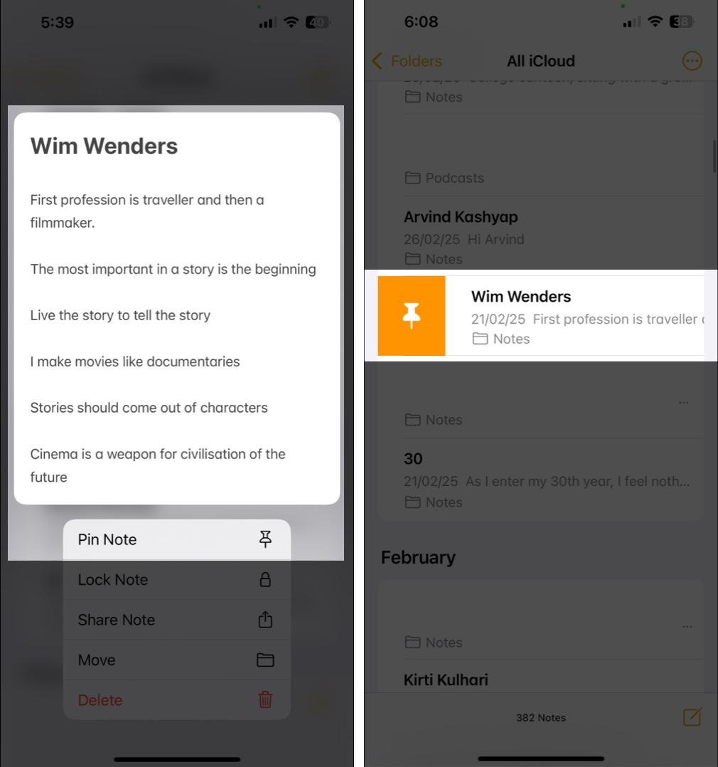 Pinning a note in Apple Notes on an iPhone by long-pressing and selecting the Pin Note option or swiping right and tapping the pin icon.