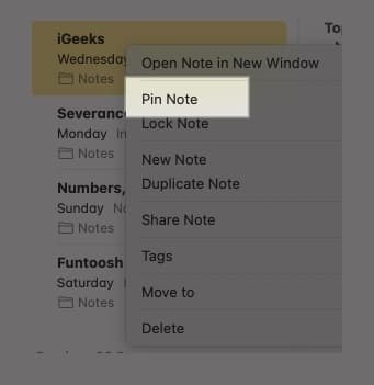 Using the Pin Note option in the Control-click menu in the Notes app on a Mac to pin a note.
