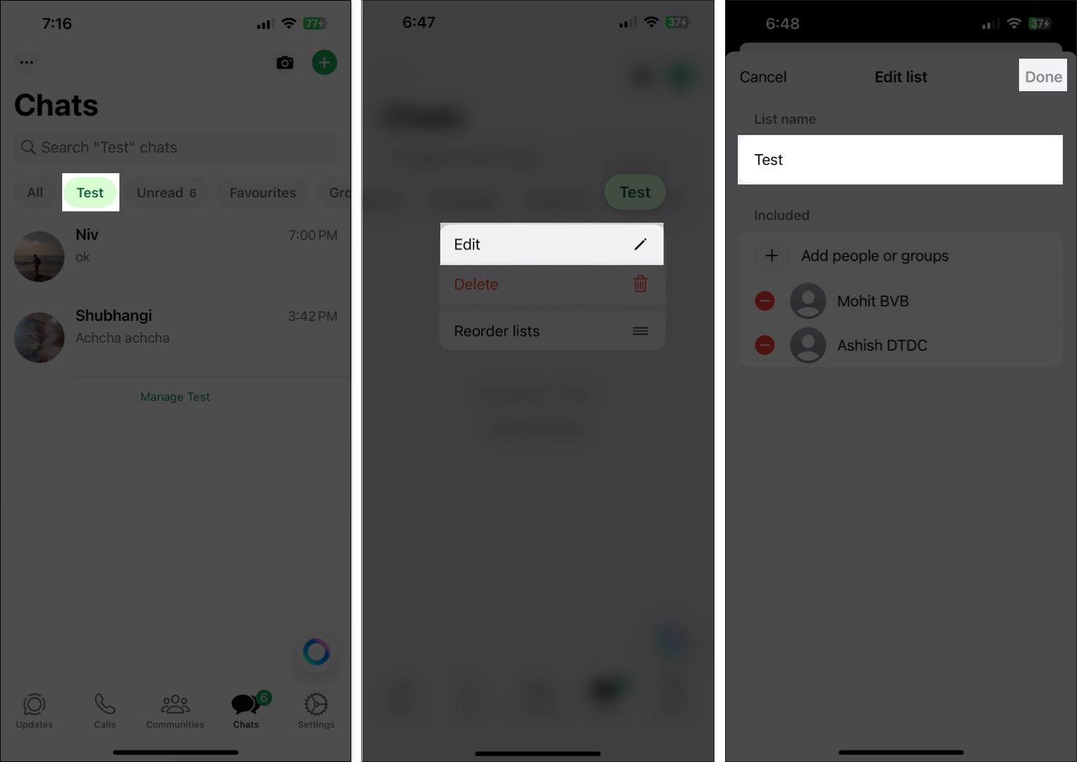 Renaming a custom list on WhatsApp.
