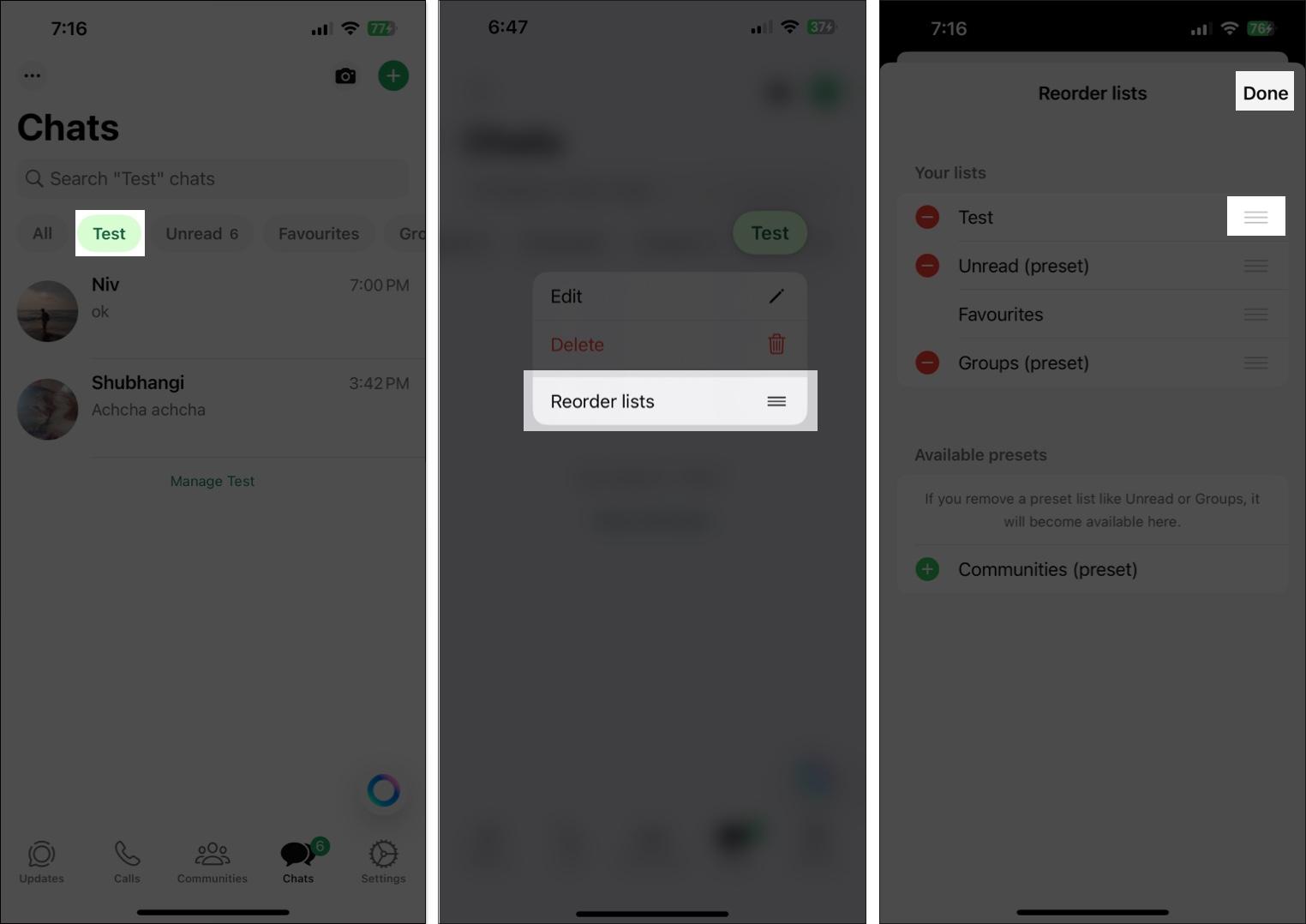 Reordering lists in the list bar on WhatsApp.