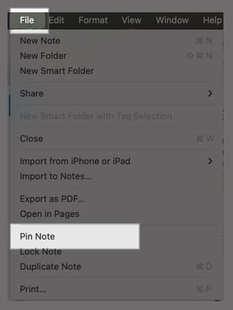 Using the Pin Note option in the File menu options to pin a note on a Mac.