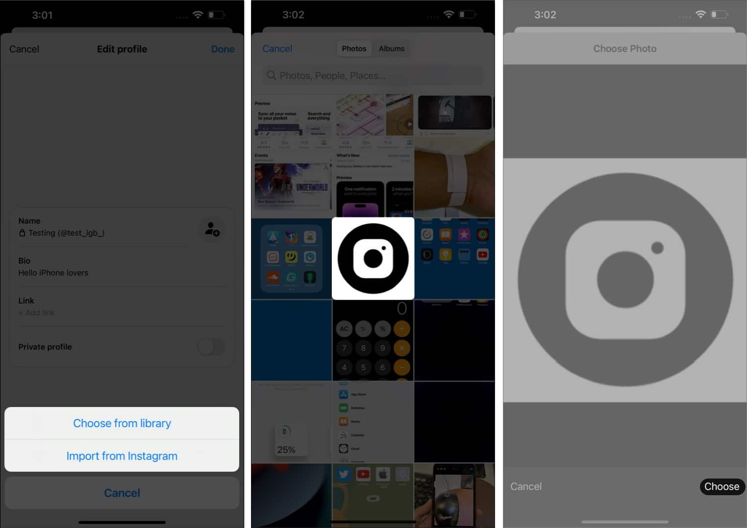 Select your profile choose an image tap choose in Threads
