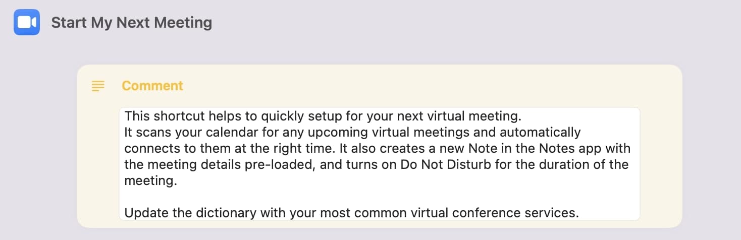 Start my next meeting Siri Shortcuts