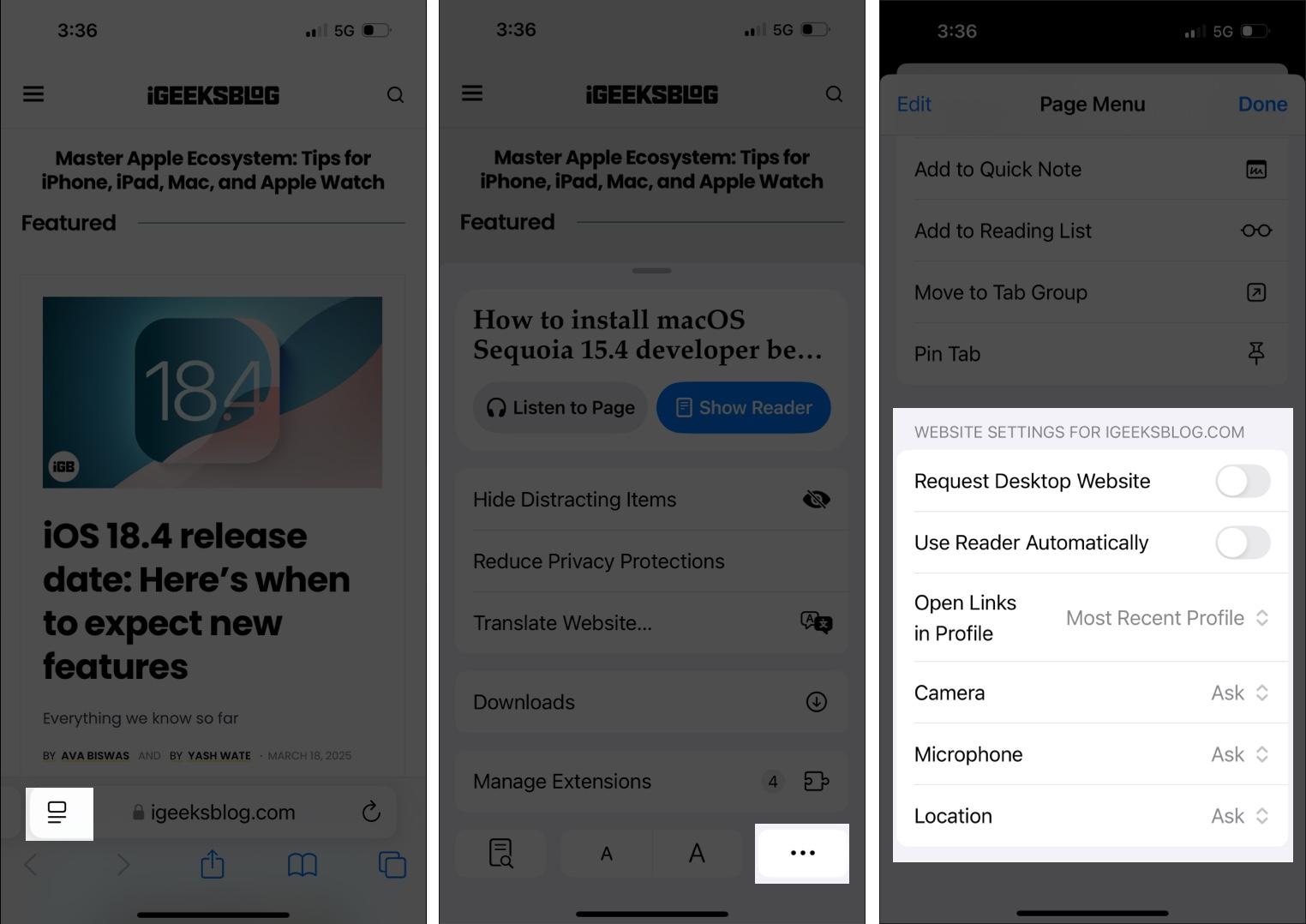 Steps to change Safari settings for individual websites on iPhone.