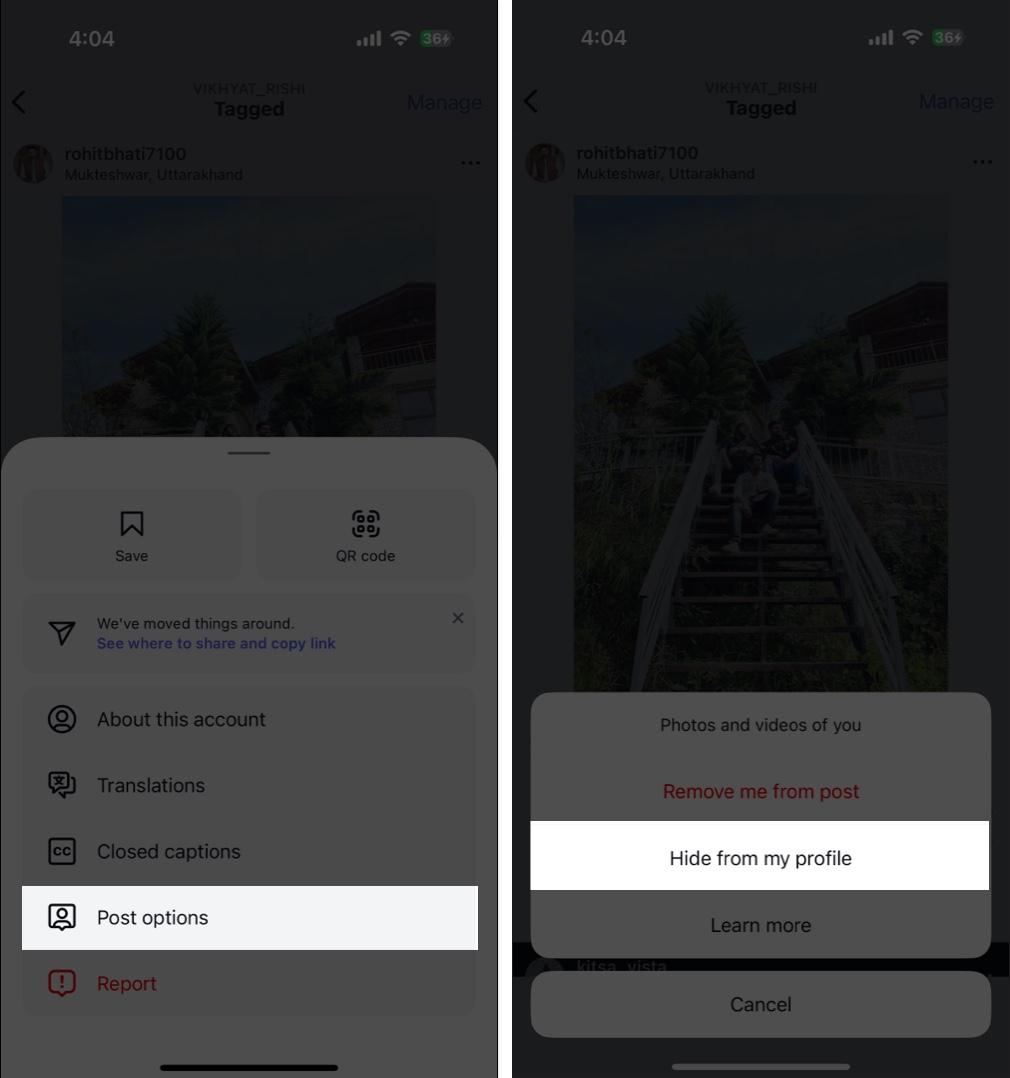 Accessing Post Options to hide a tagged Instagram post from profile on an iPhone.