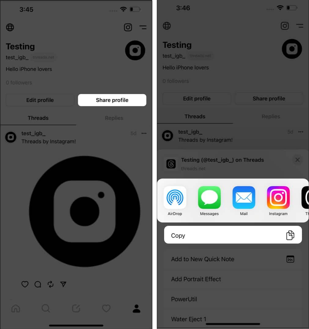 Tap share profile and choose a sharing method