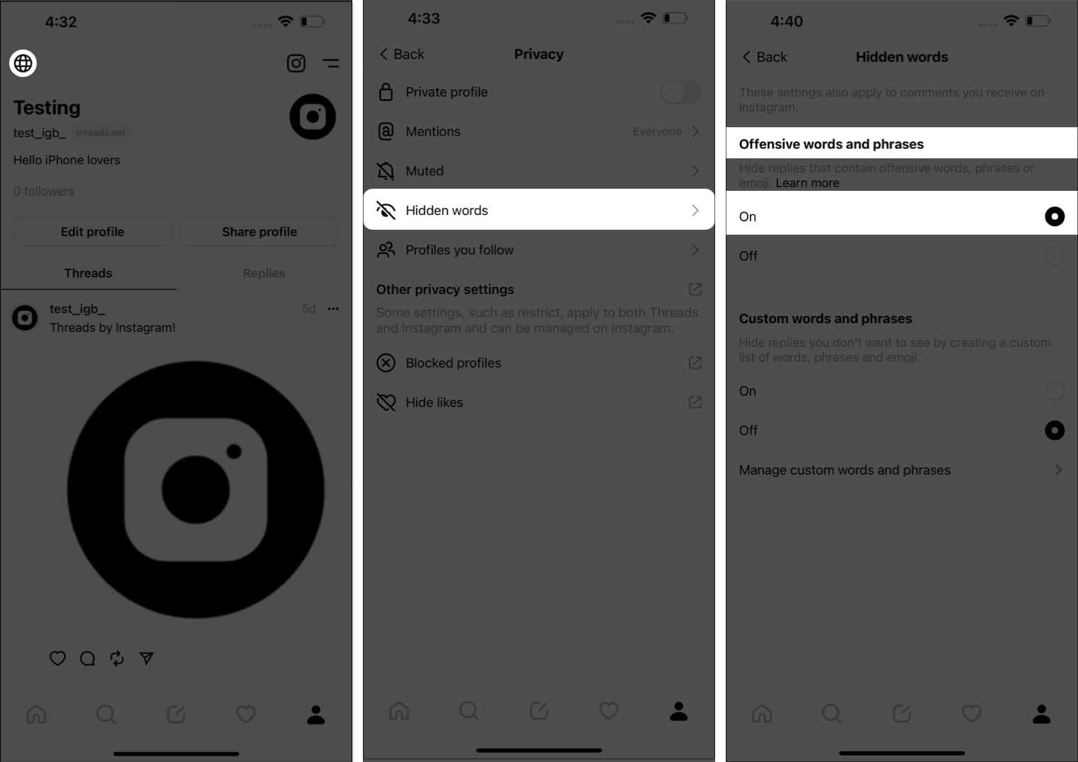 Tap the globe icon hidden words turn on Offensive words and phrases in Threads