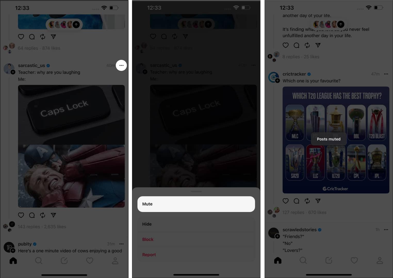 Tap the three-dot icon, mute, posts muted in threads