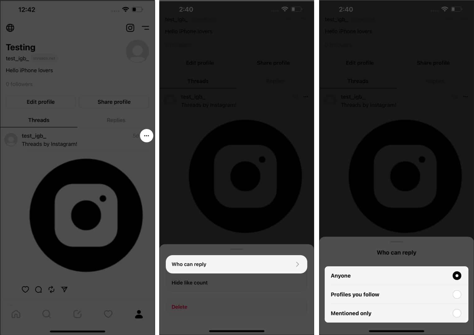 Tap the three-dot icon who can reply select who can reply in Thread
