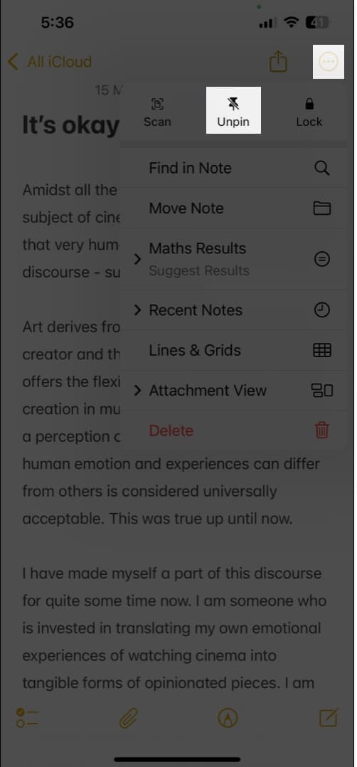 Unpin option in the three-dot menu in the Apple Notes app on an iPhone to unpin a note.
