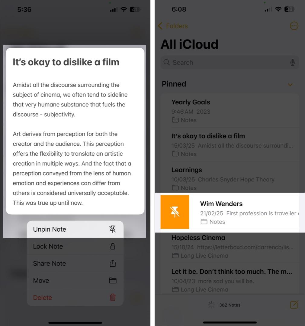 Unpinning a note in Apple Notes on an iPhone by long-pressing and selecting Unpin Note or swiping right and tapping the unpin icon.