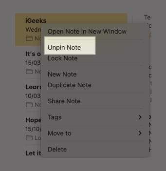 Using the Unpin Note option in the Control-click menu in the Notes app on a Mac to unpin a note.