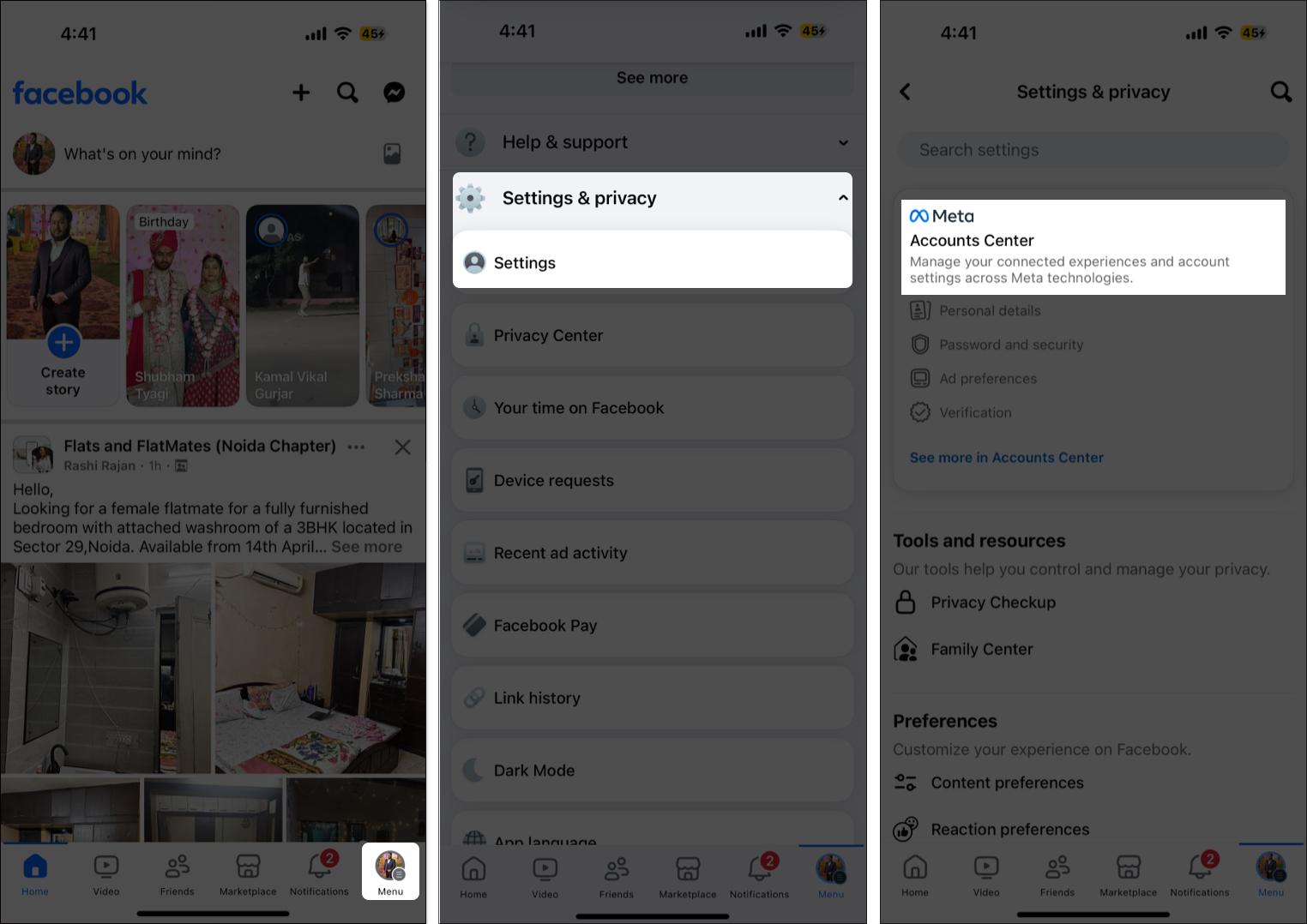 access accounts center from meta settings on iPhone