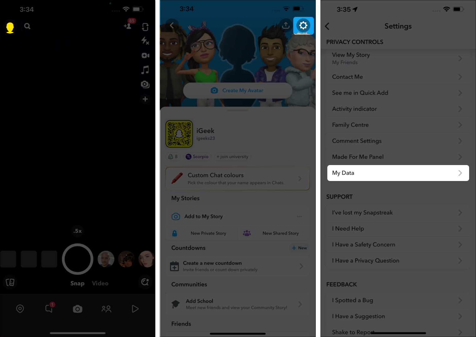 Access my data option from settings on Snapchat on the iPhone
