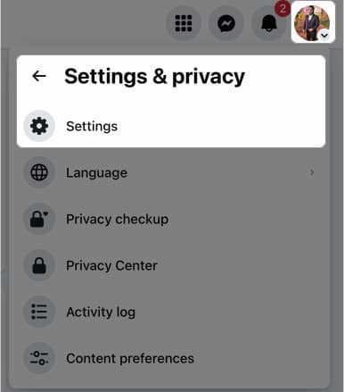 access settings and privacy option from meta profile on the web