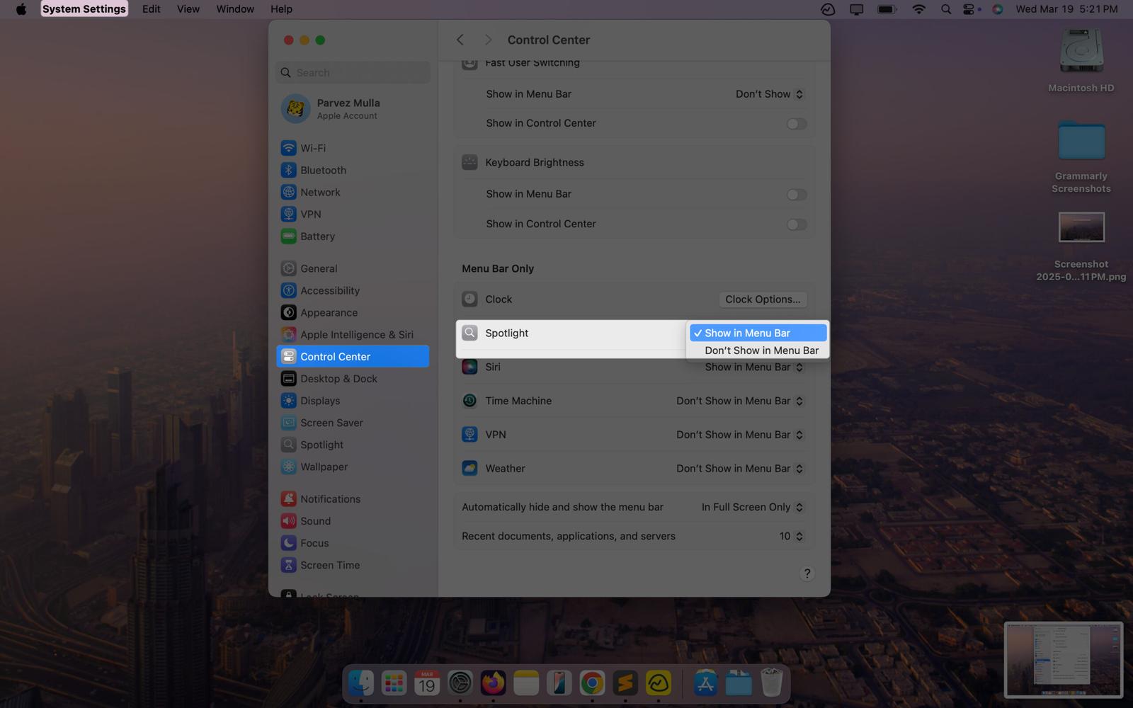Enabling the Spotlight icon in the macOS menu bar.