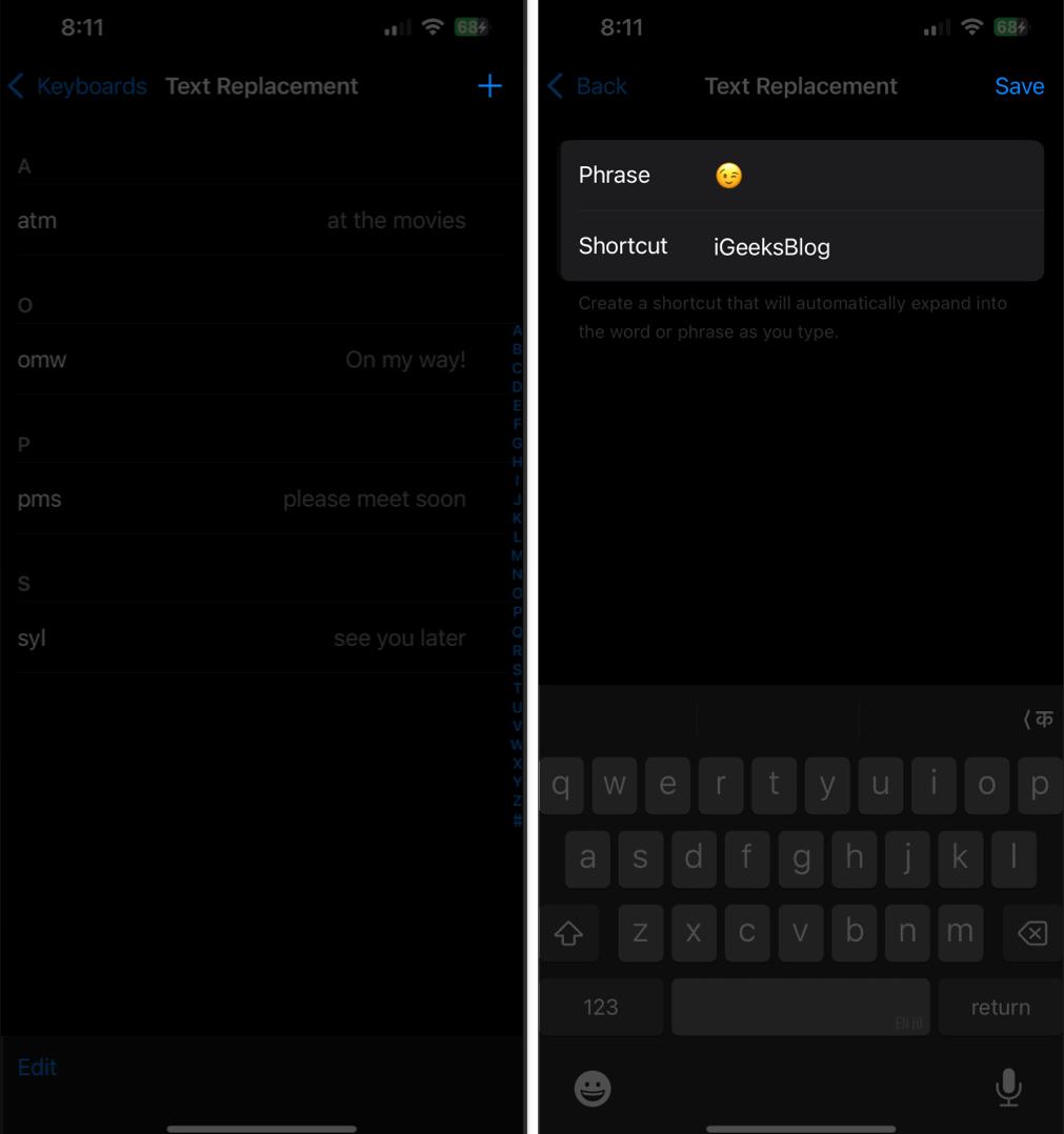 Creating a text replacement for an emoji on an iPhone.