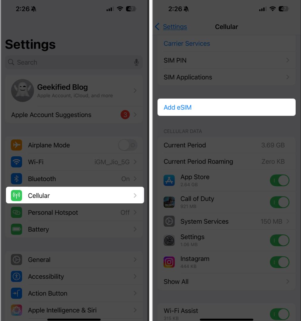 add esim manually from iPhone settings