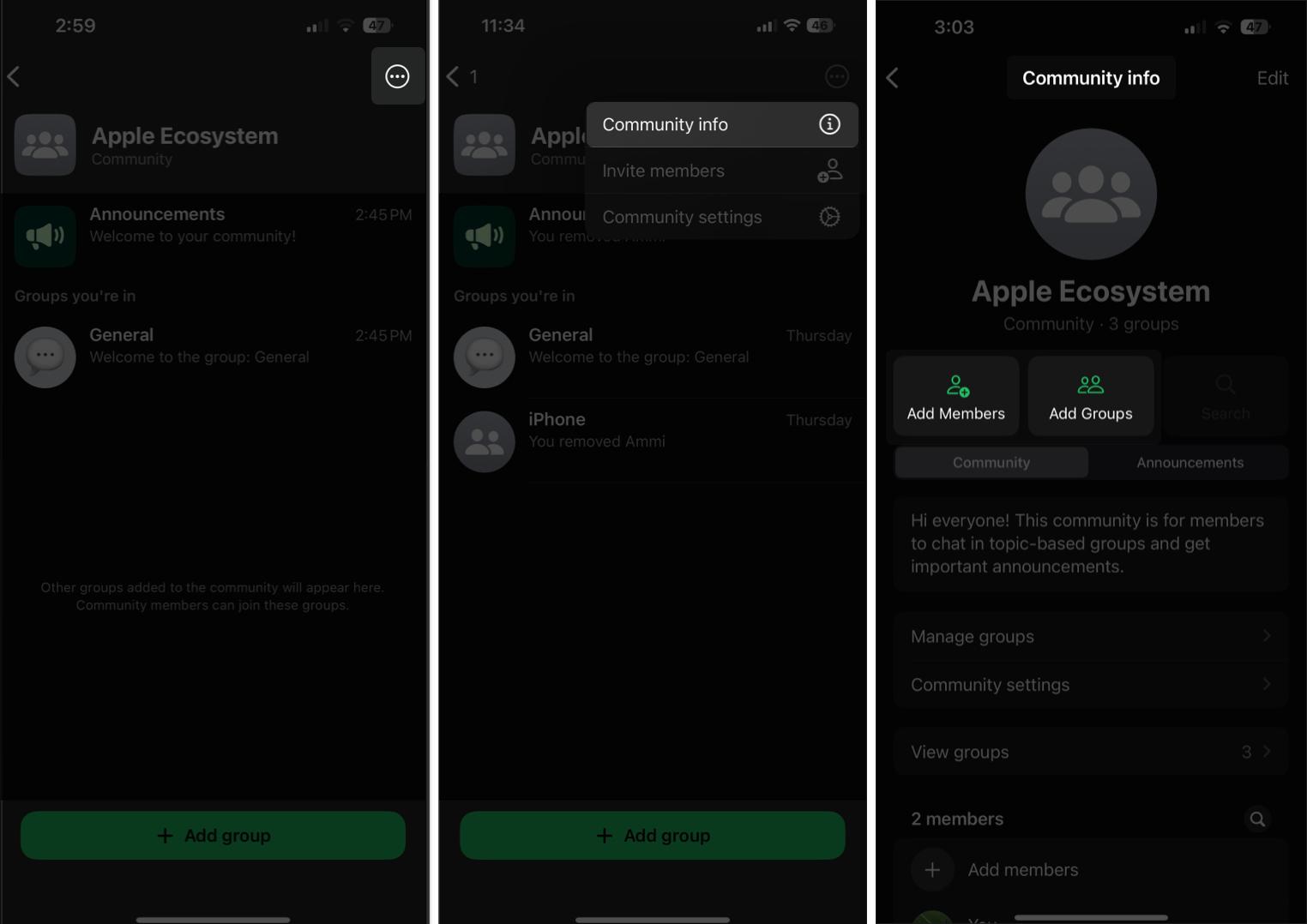 Add Members and Add Groups button on a WhatsApp Community's info page.