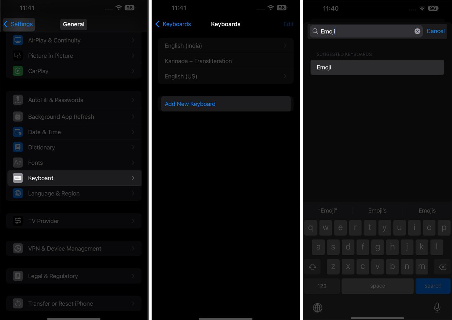 Adding the emoji keyboard on an iPhone.