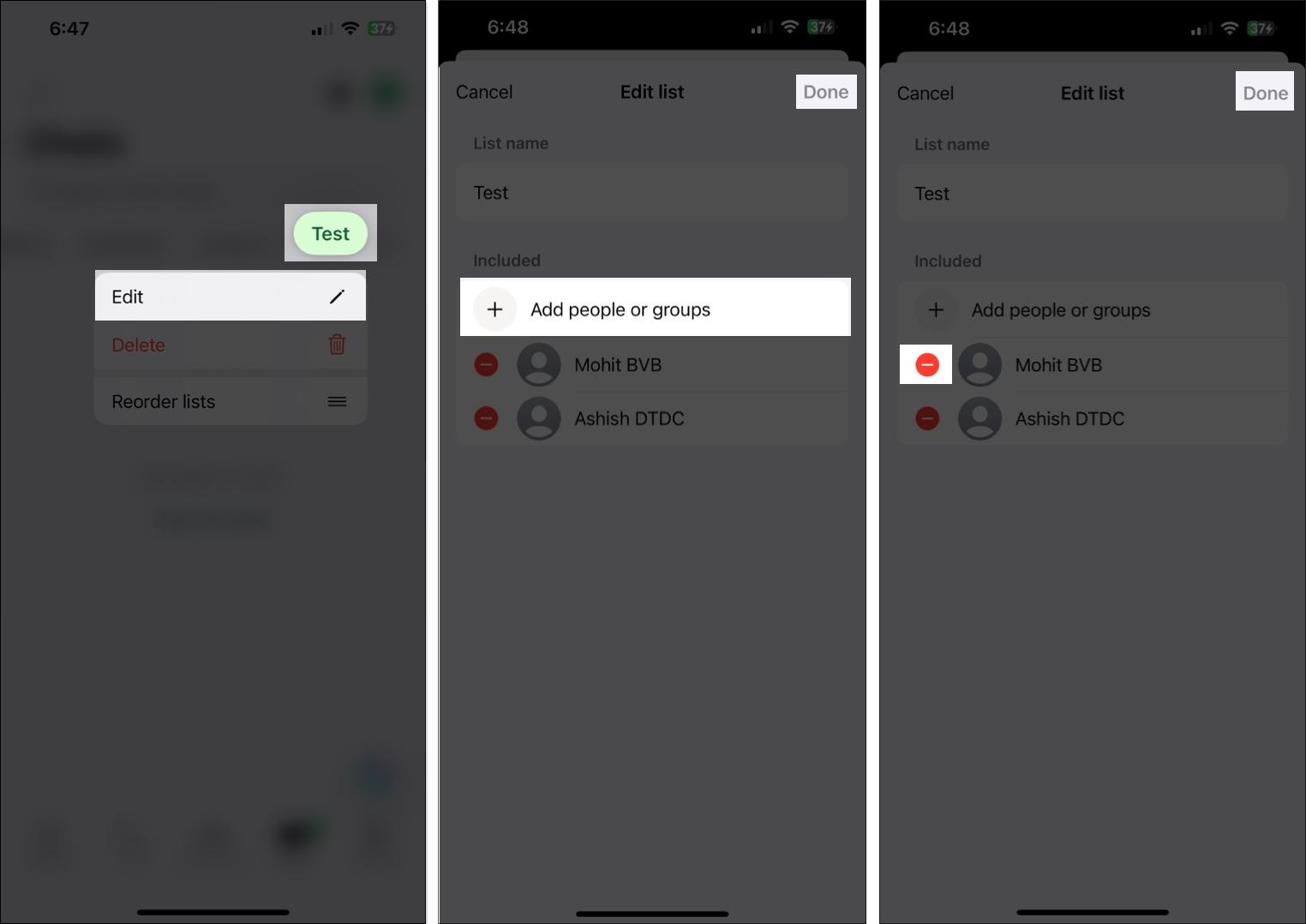Adding or removing a contact from a custom WhatsApp list on an iPhone.