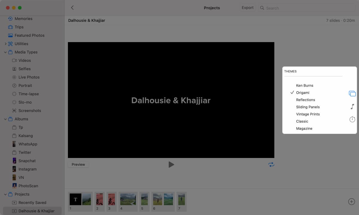 Adding a theme to a slideshow in Photos.
