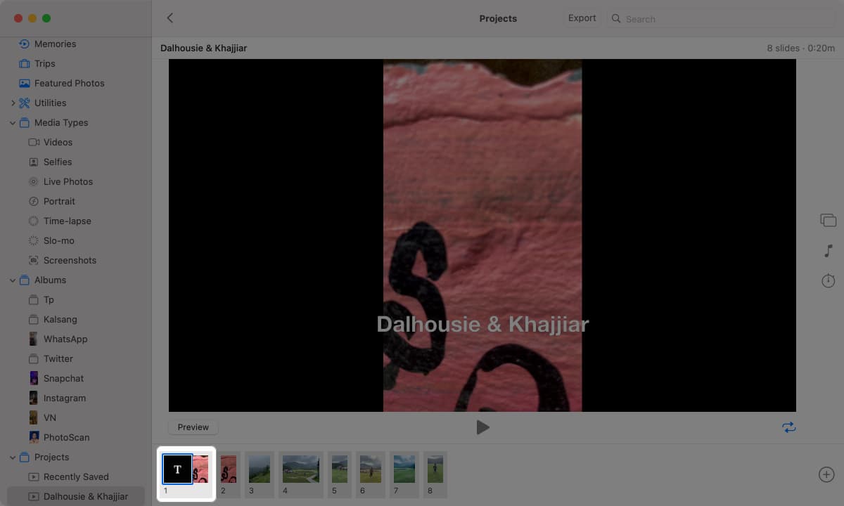 Configuring the thumbnails for a slideshow in macOS Photos app.