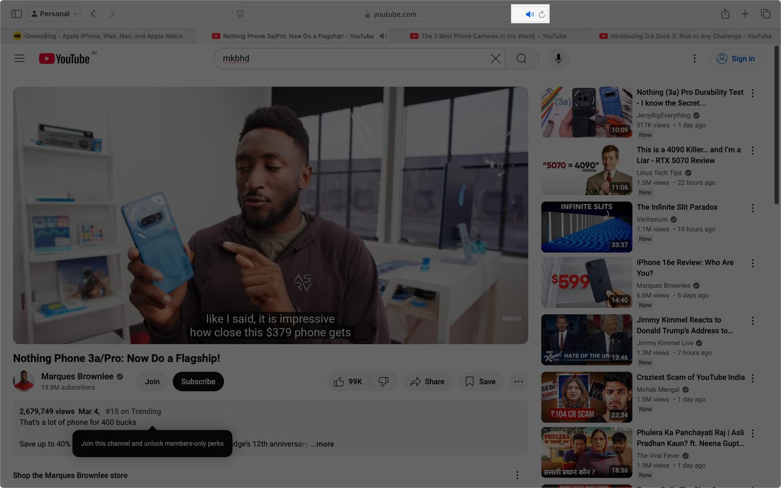Clicking the blue speaker icon in the address bar to mute a Safari tab on a Mac.
