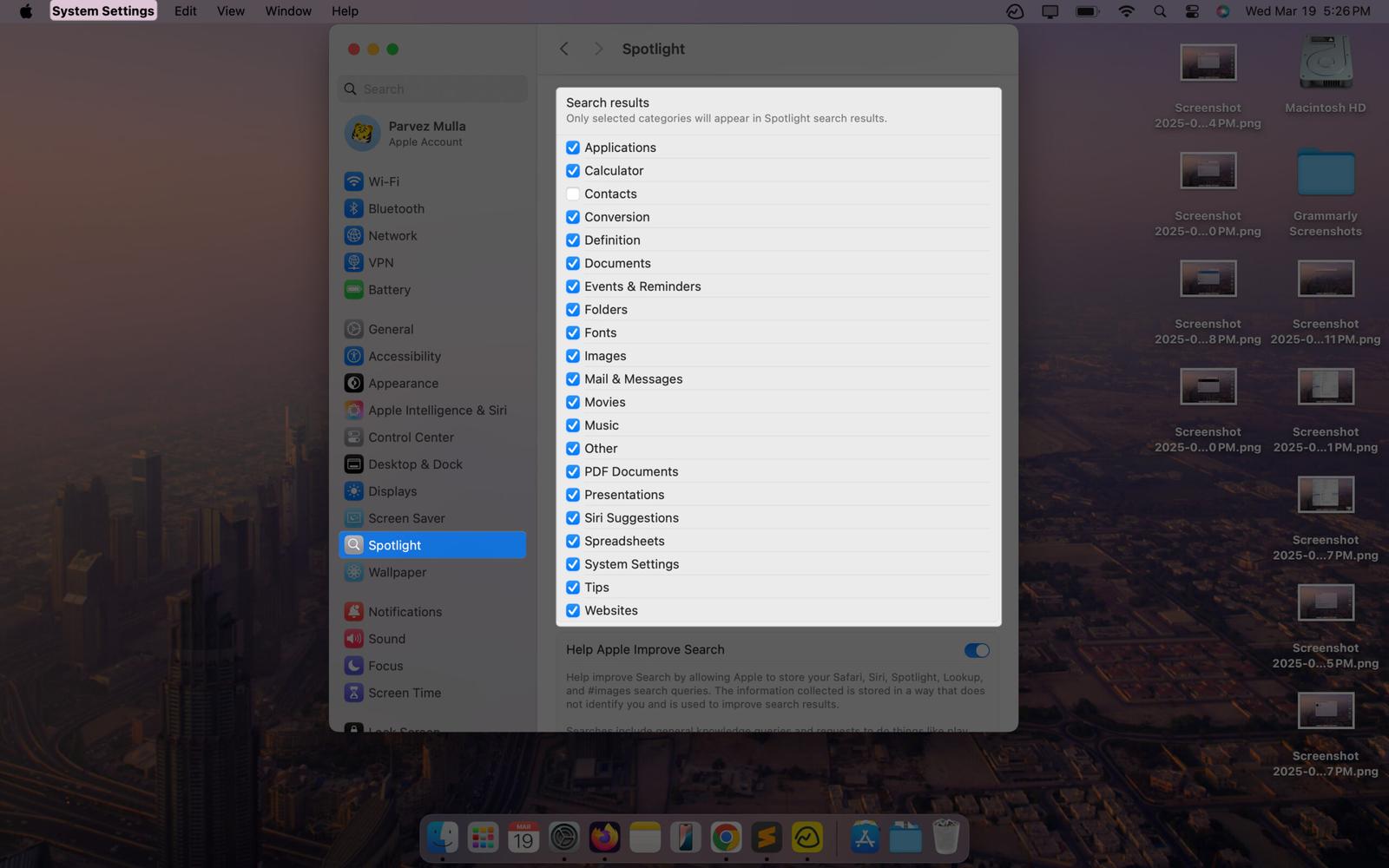 Configuring what content appears in Spotlight Search on a Mac.