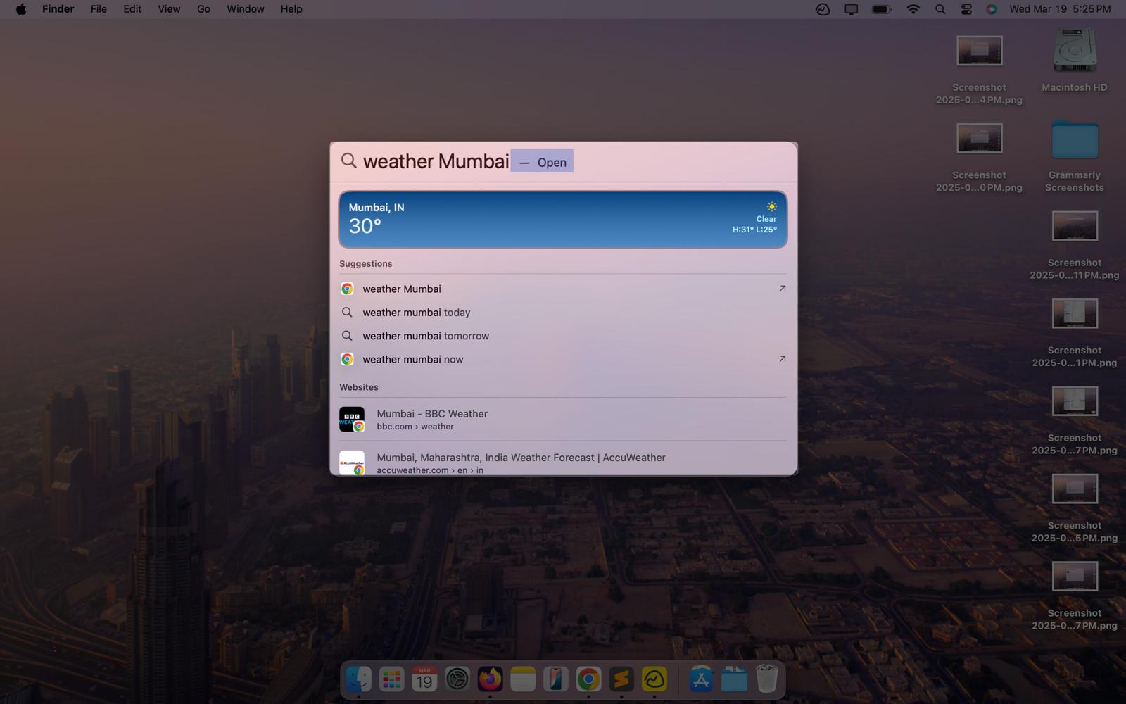 Checking weather using Spotlight Search on a Mac.