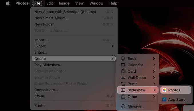 Using the Create option in File menu to create a slideshow using the Photos app on a Mac.