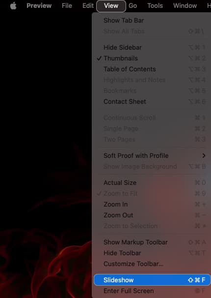Using the Slideshow option in View menu for Preview to start a slideshow on a Mac.