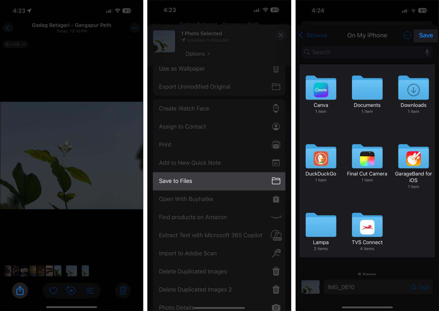 Using the Save to Files option in Photos app to save a Live Photo as a still photo in the Files app.