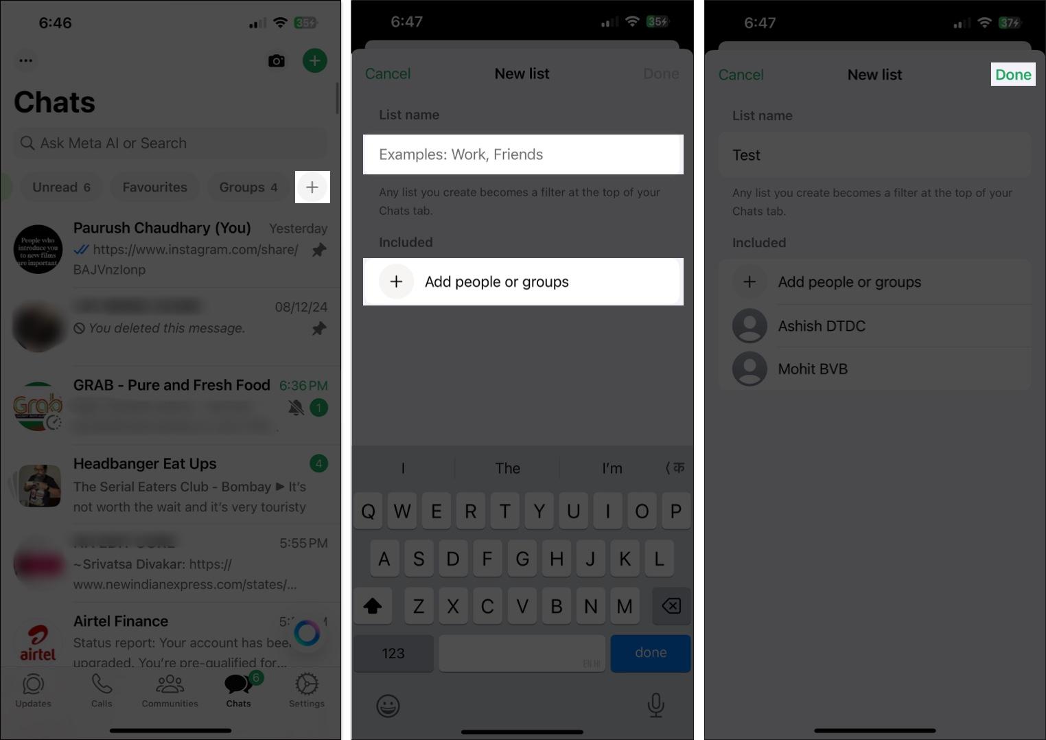 Creating a custom list on WhatsApp using the list bar.