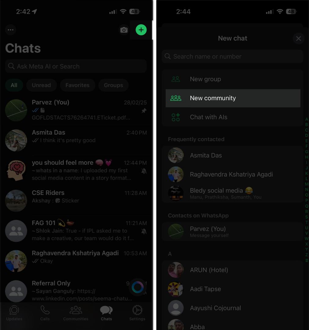 Creating a new WhatsApp Community on an iPhone.