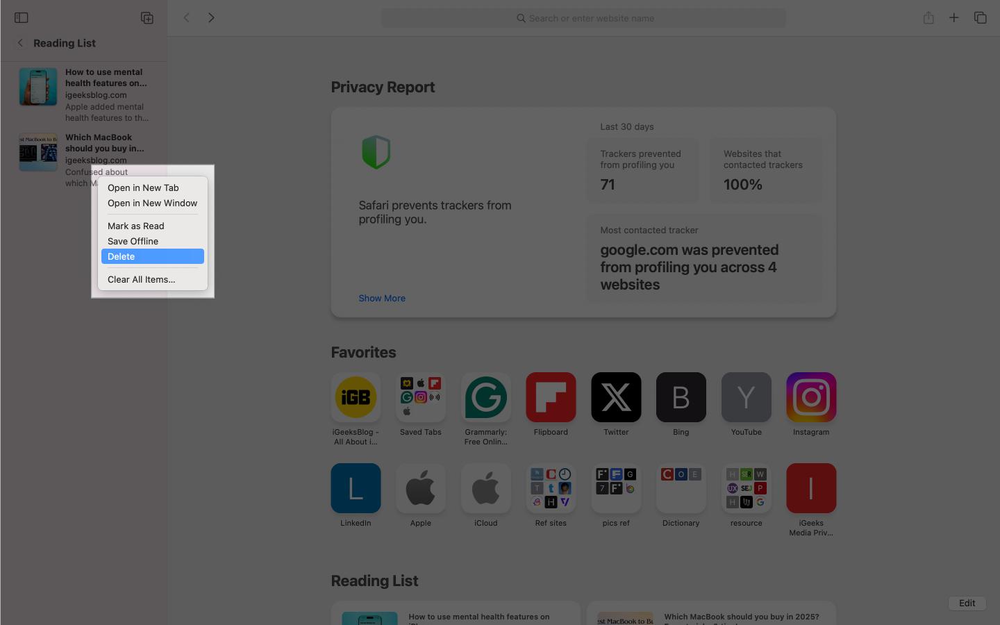 Deleting an item from Safari Reading List on a Mac.