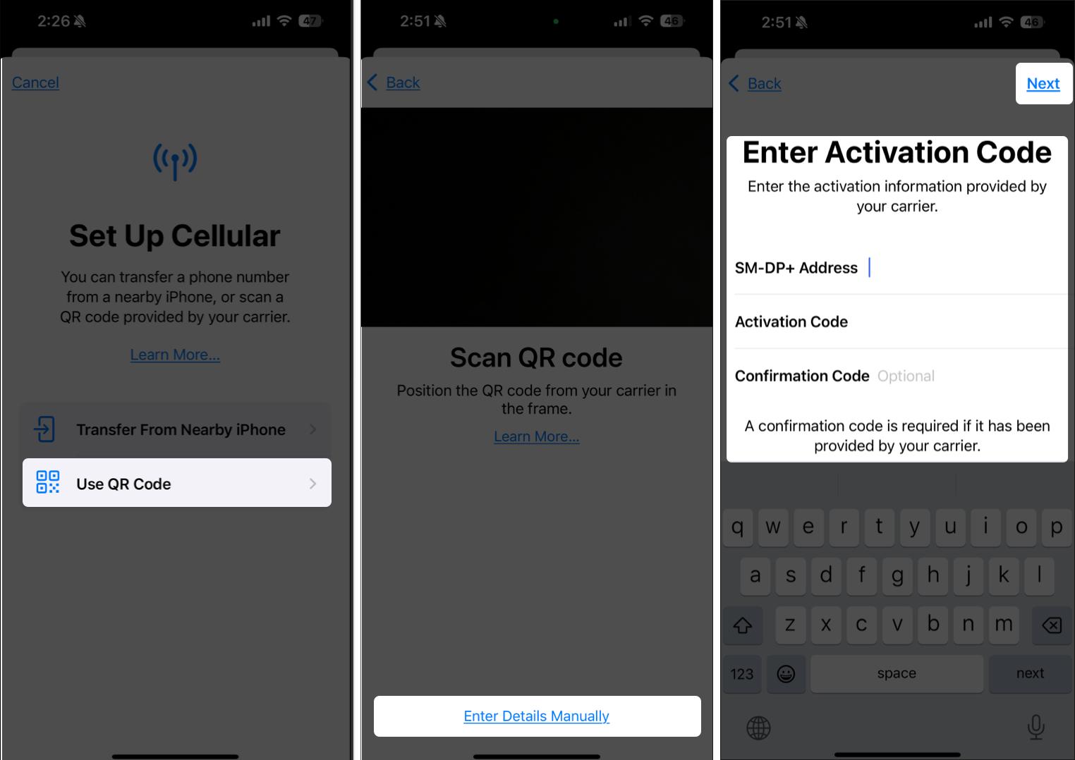 enter esim details manually