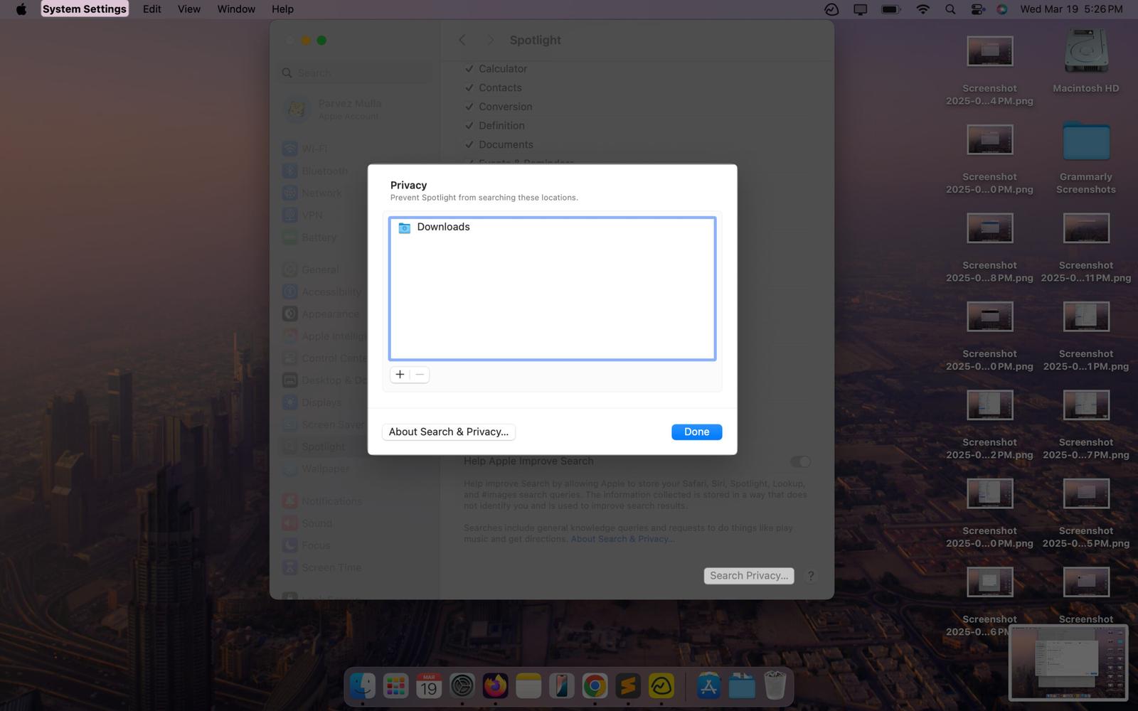 Excluding a folder from appearing in Mac Spotlight Search.
