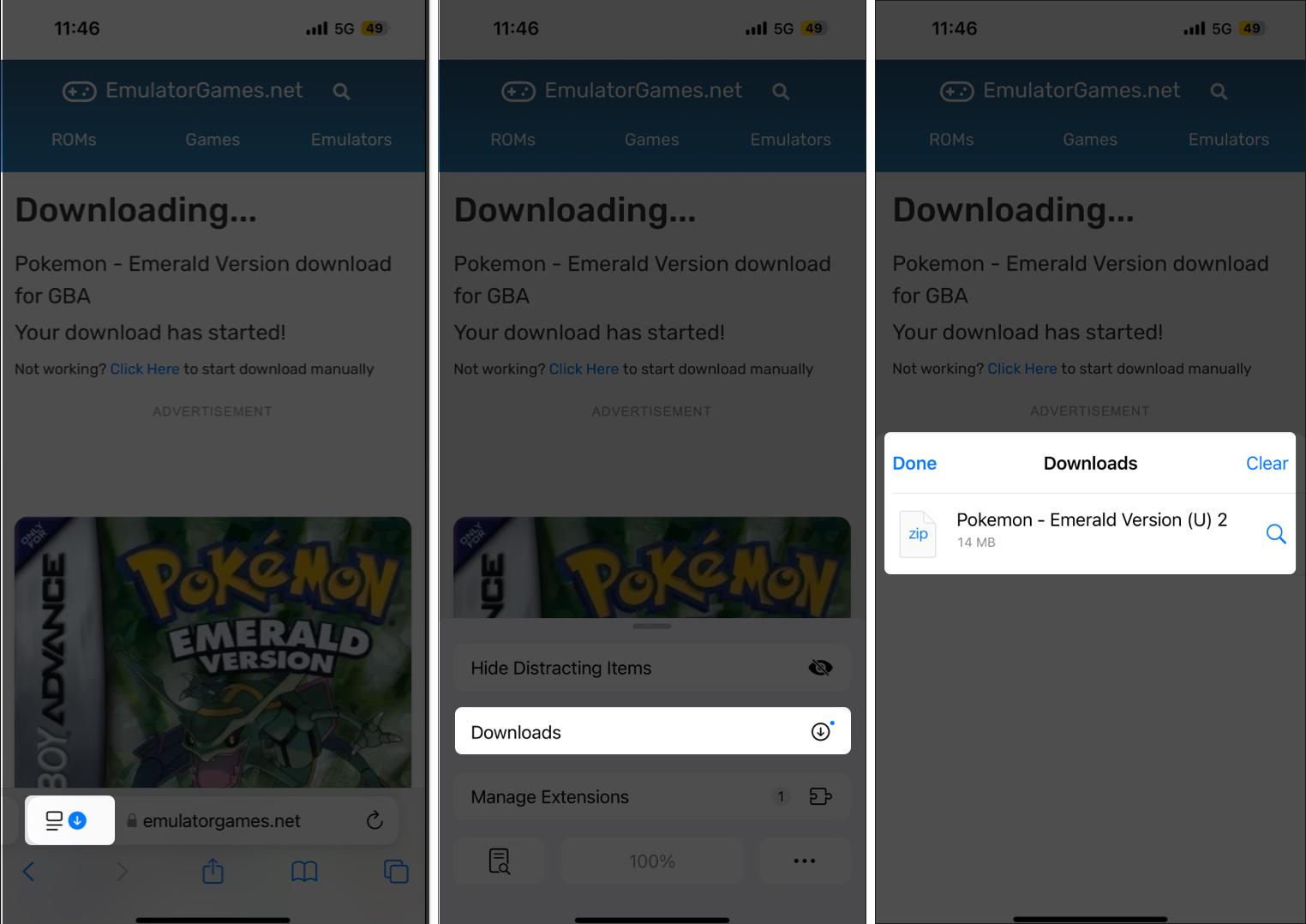 Finding downloaded files in the Safari app on an iPhone.
