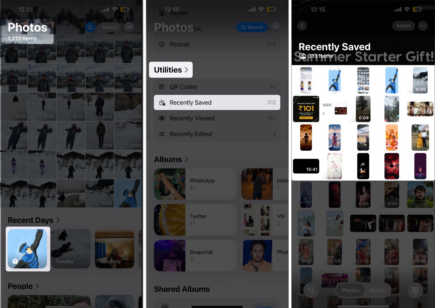 Finding downloaded photos and videos in iOS Photos app.