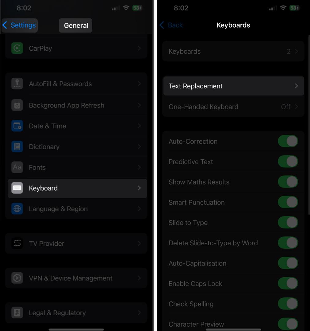 Text Replacement page in iOS Settings app.
