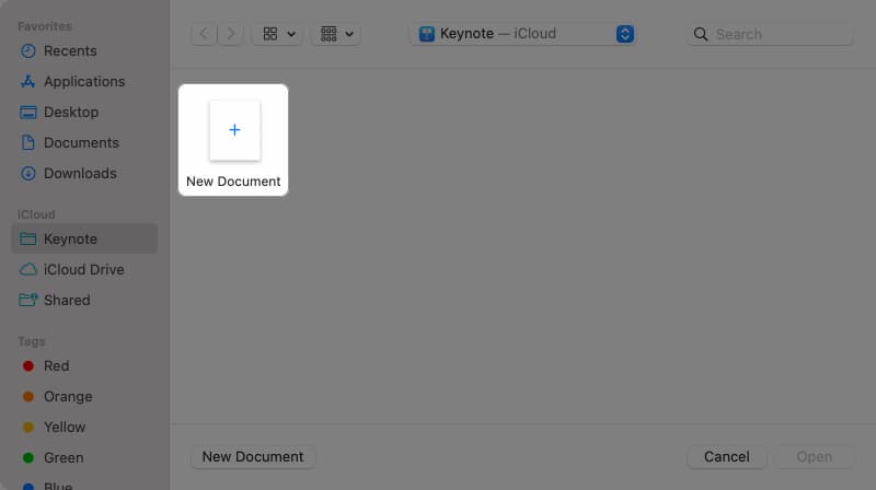 New Document option in Keynote app on a Mac.