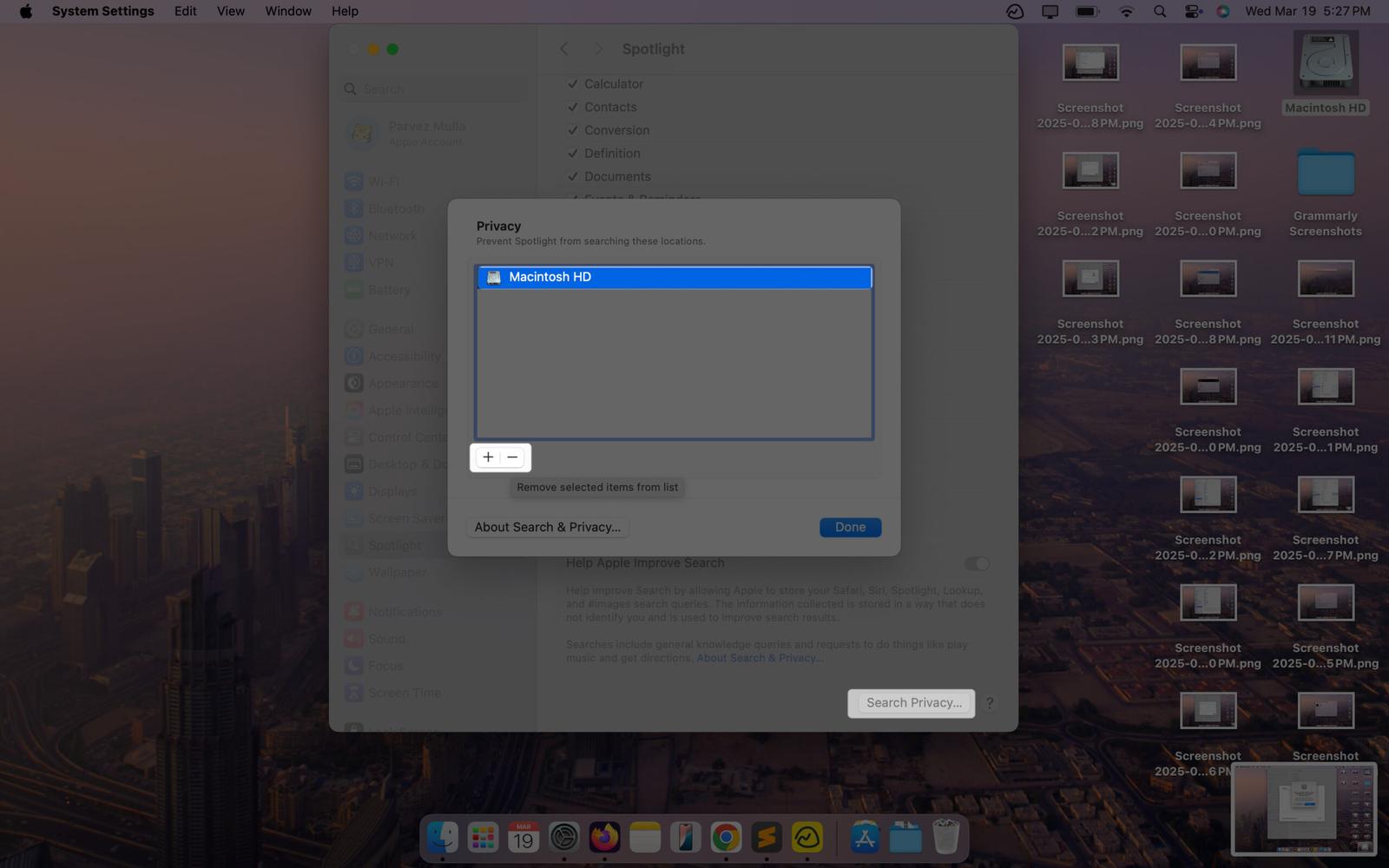 Excluding the entire disk from appearing in Mac Spotlight Search to rebuild the index.