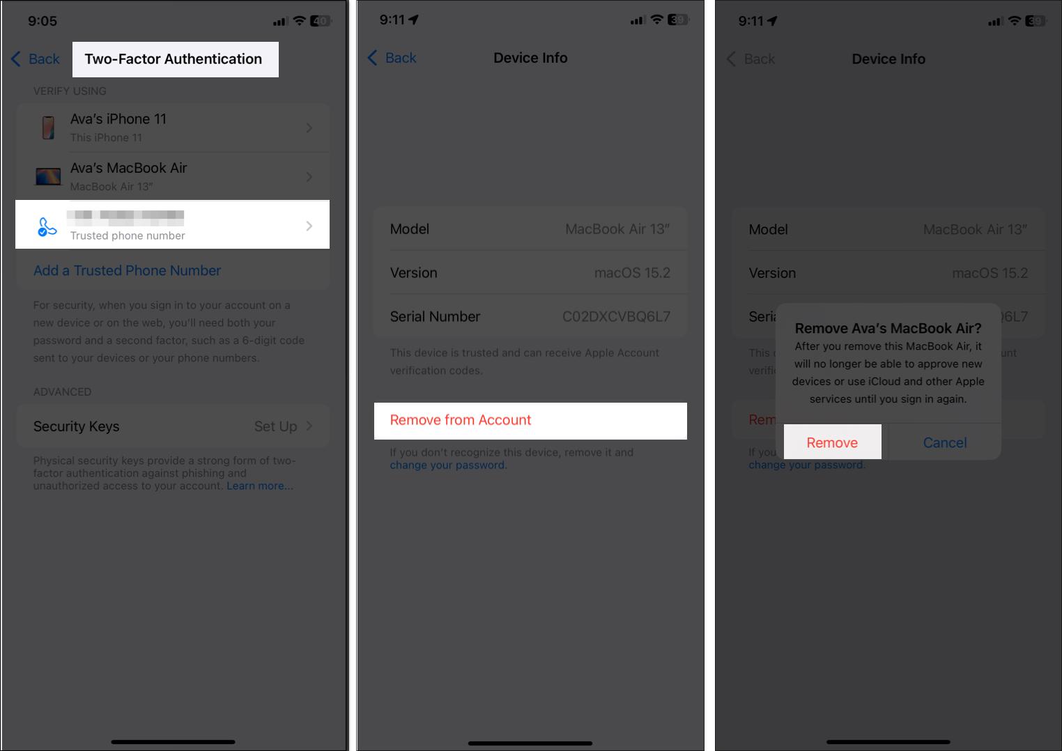 removing trusted device from apple id settings