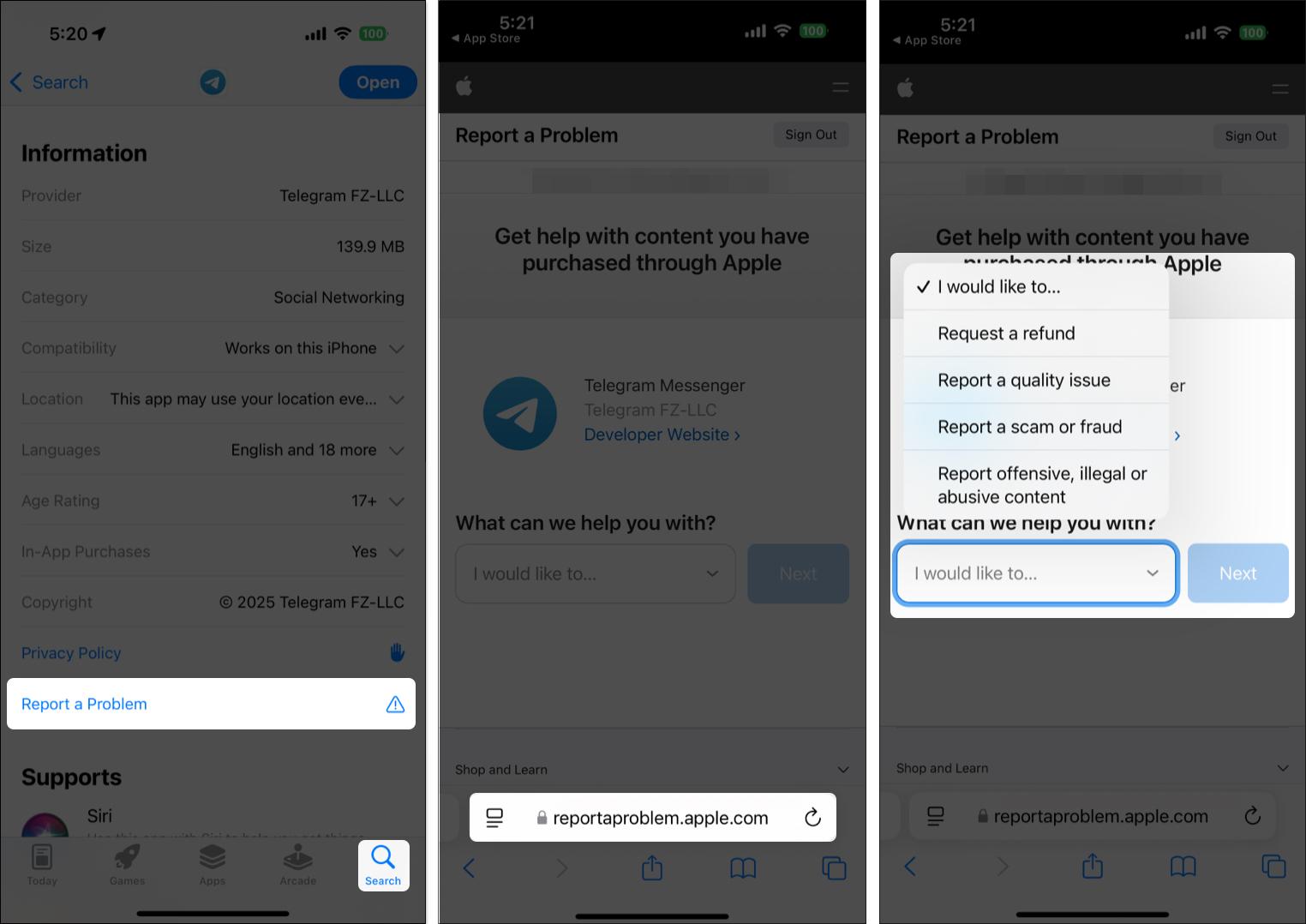Selecting an appropriate option on Apple's Report a Problem webpage to report a scam app.