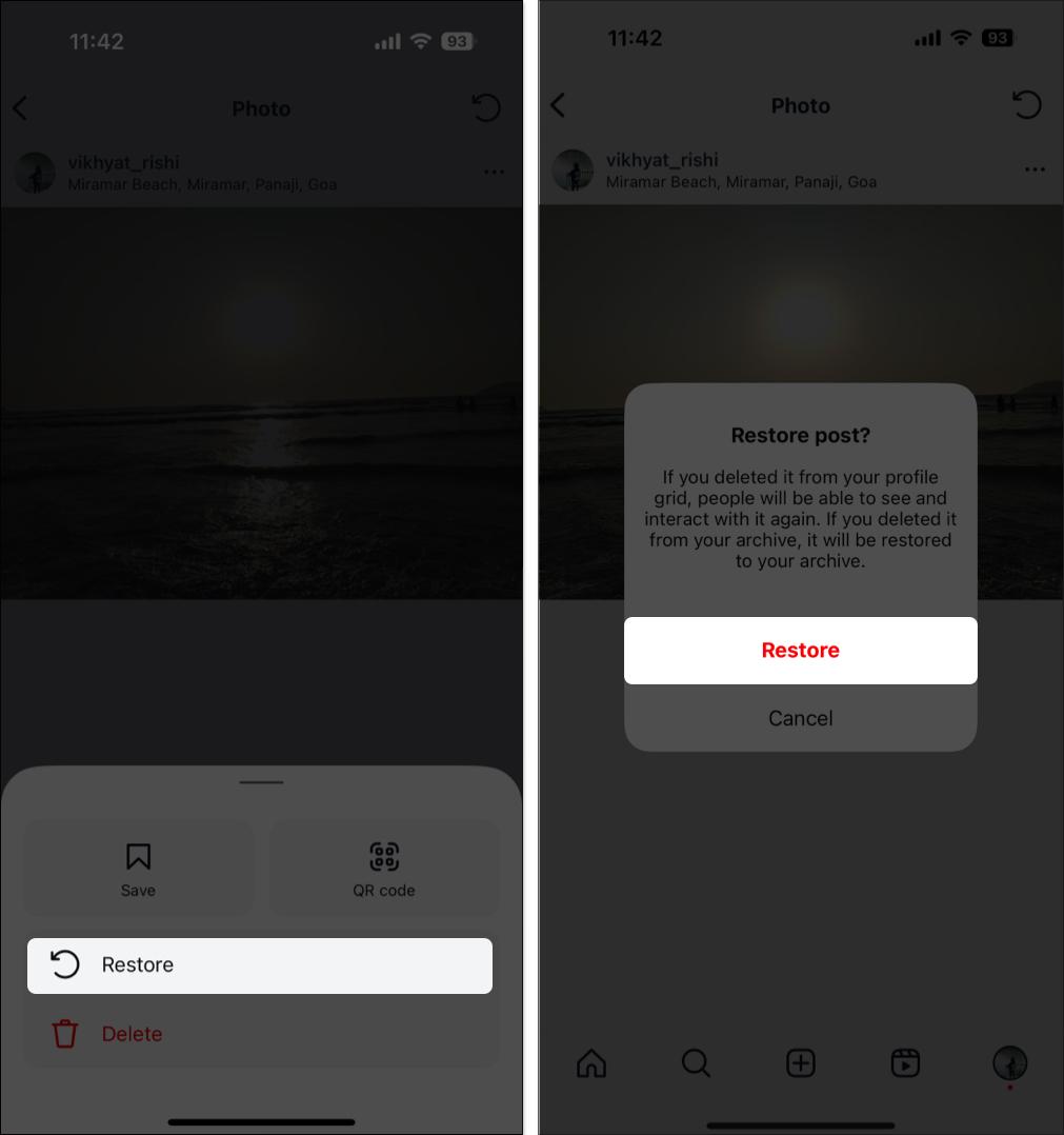 restore deleted post from recently deleted section on instagram