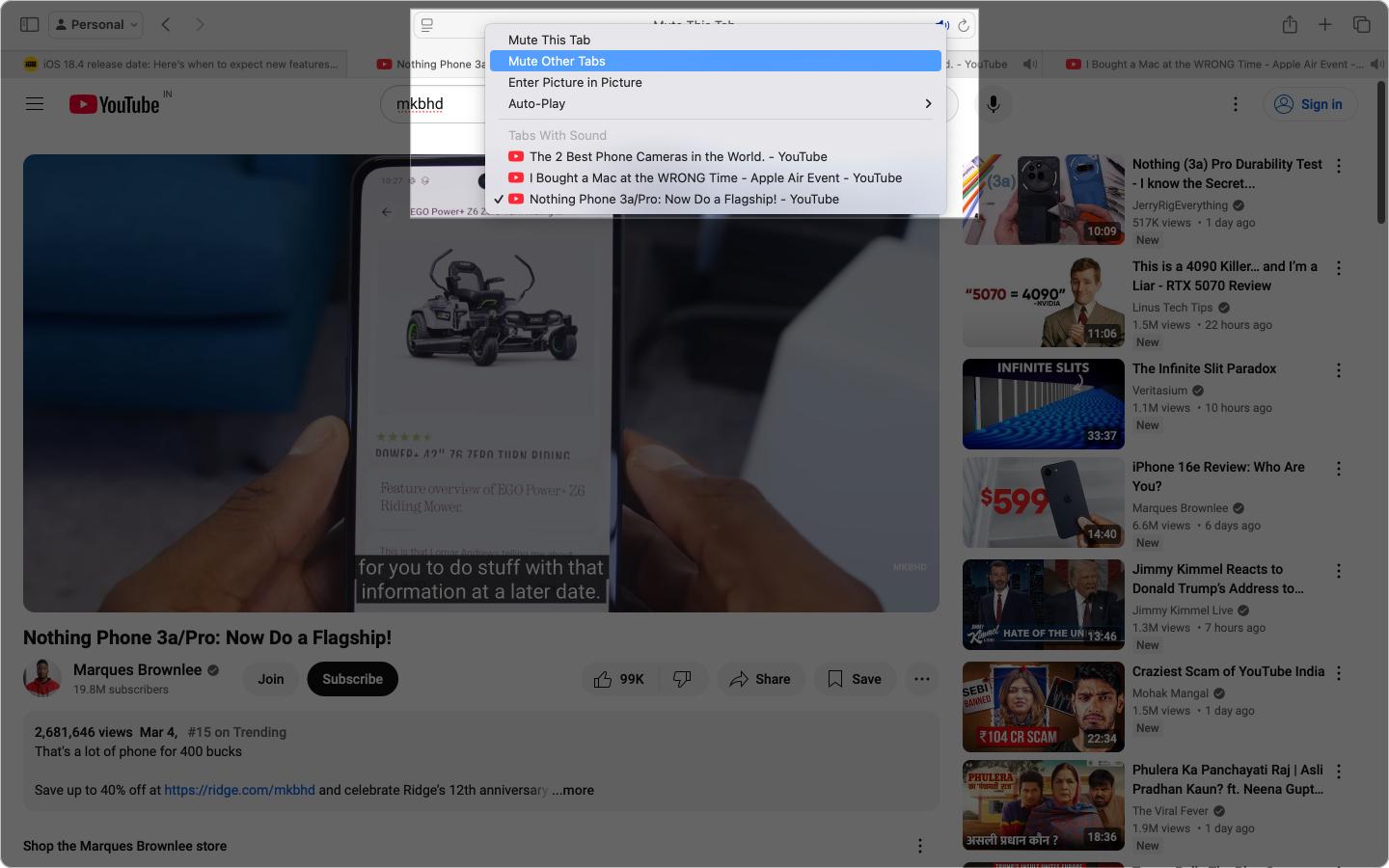 Using the Mute Other tabs option to mute audio from all Safari tabs on a Mac.