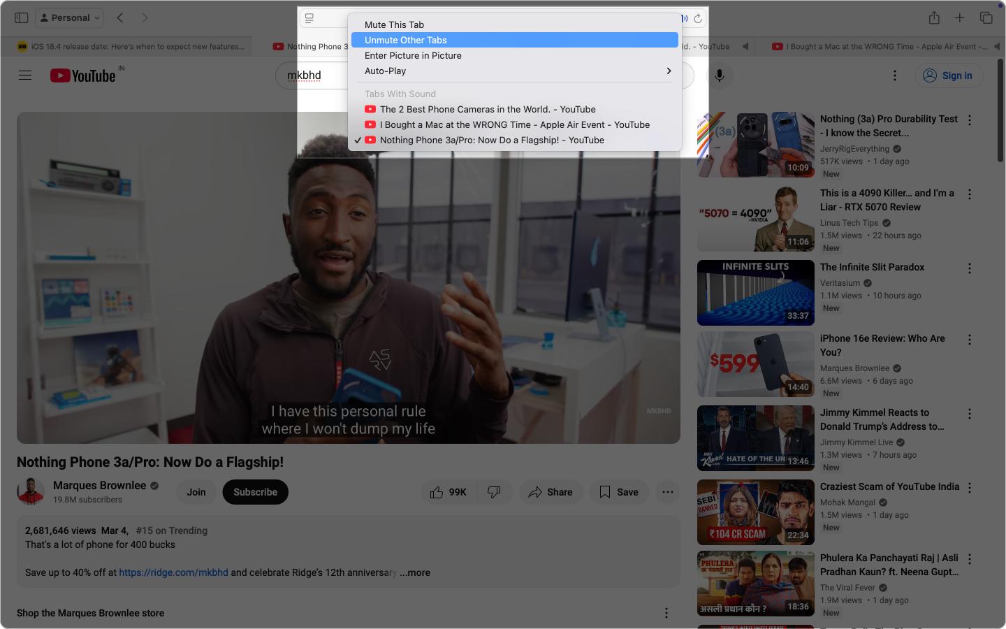 Using the Unmute Other tabs option to unmute audio from all Safari tabs on a Mac.